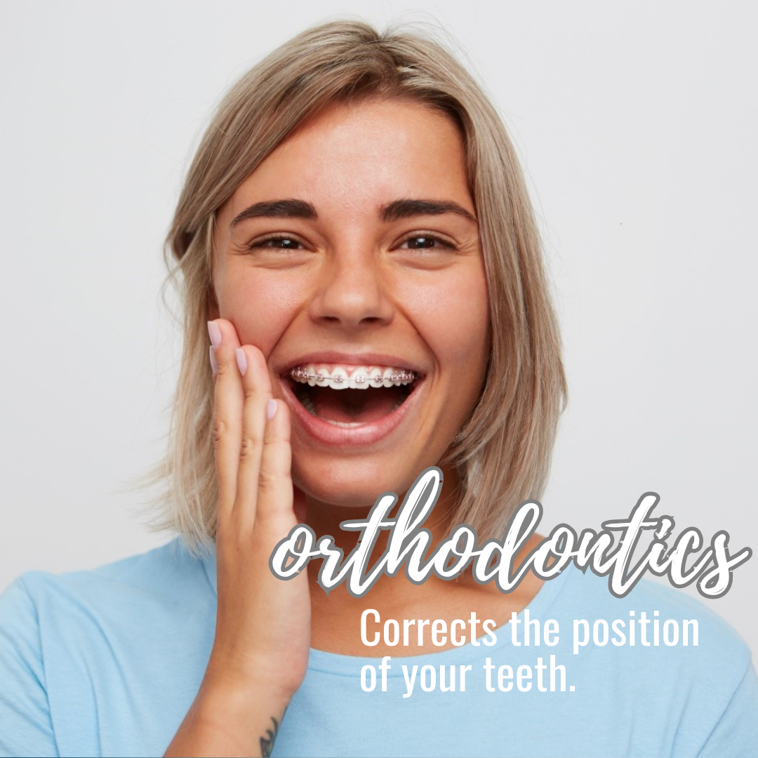 Smiling women wearing dental braces showing corrected teeth alignment throught orthodontic treatment