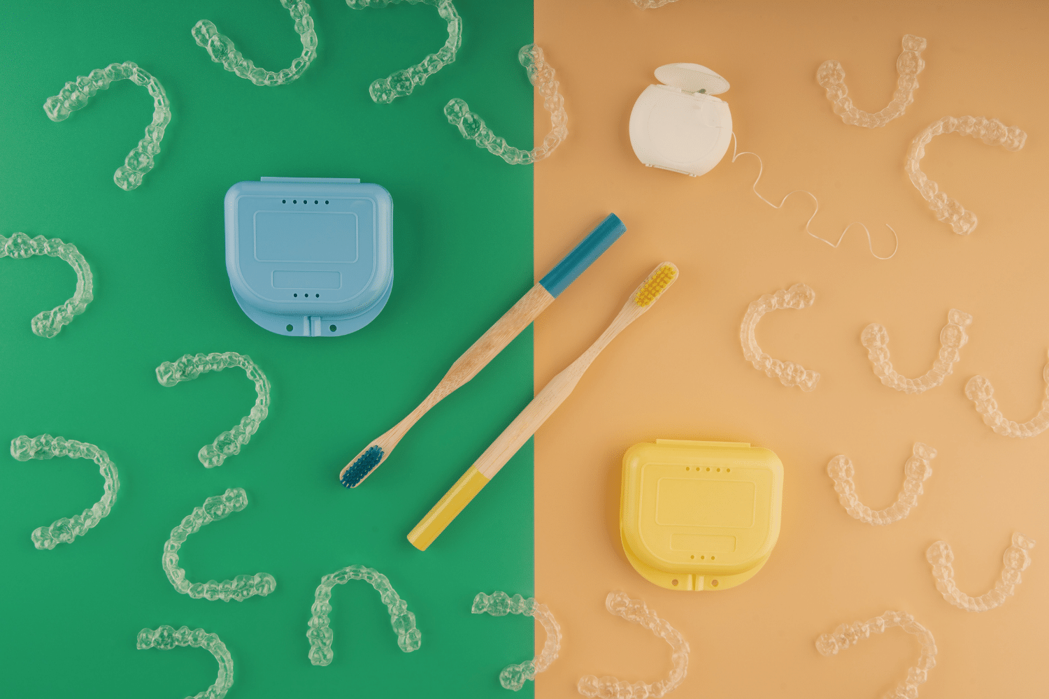 Daily care routine during clear aligner treatment with Aligners, toothbrush, floss and Aligner case